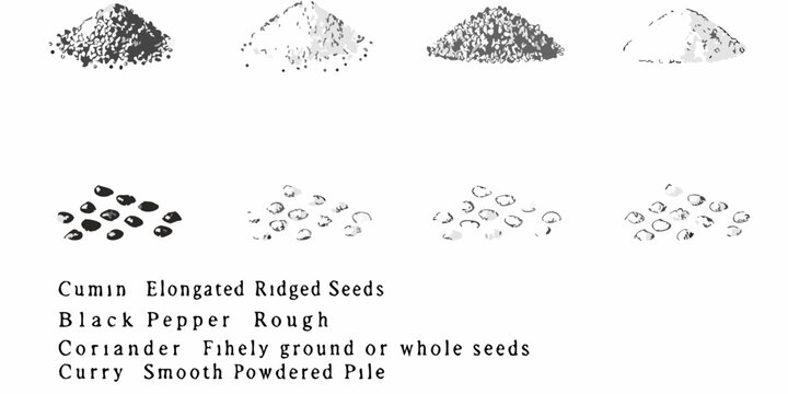 Variety of spices in pile and seed forms cumin coriander pepper and curry