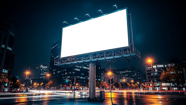 A large blank billboard stands prominently at a bustling city intersection at night with traffic and city lights
