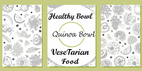Three vertical banners promoting healthy quinoa and vegetarian food options