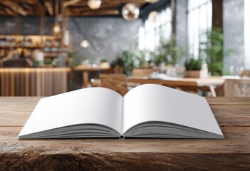 Obraz premium An open, blank book rests on a wooden table, blurred cafe environment in background