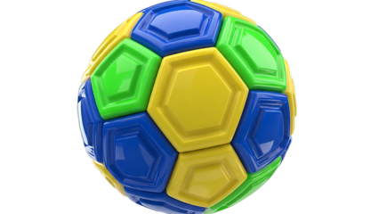 Colorful plastic puzzle ball with hexagonal pieces isolated on a transparent background