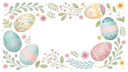 Ornamental Easter frame composed of hand-painted pastel Easter eggs, delicate floral and geometric patterns, symmetrical border layout, soft matte texture, isolated on transparent background