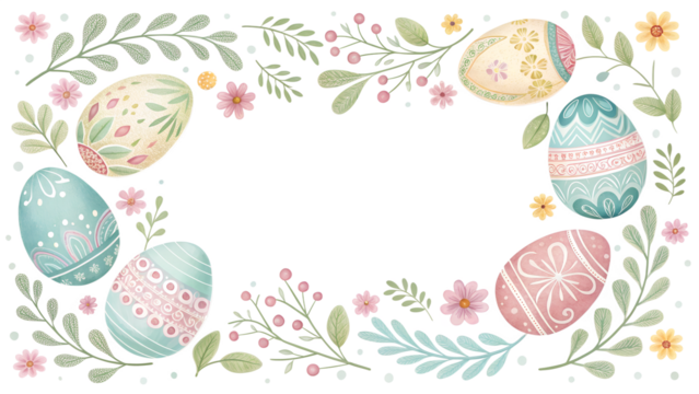 Ornamental Easter frame composed of hand-painted pastel Easter eggs, delicate floral and geometric patterns, symmetrical border layout, soft matte texture, isolated on transparent background - Powered by Adobe