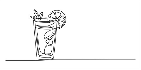 Continuous line drawing of a refreshing cocktail or lemonade in a tall glass, garnished with lemon and mint Vector, illustration