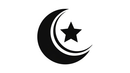 Fototapeta premium Black crescent moon and star icon simple Islamic symbol for religious and cultural concepts isolated on white background