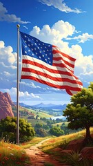 American flag flying over idyllic green landscape with blue skies and white clouds on a sunny day