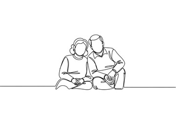Continuous Line Drawing of Senior Couple Sitting Together, Illustrating Love and Partnership