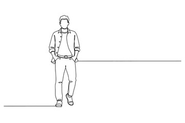 Continuous single line drawing of a casually dressed young man walking, standing confidently, with copy space