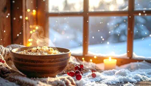 Warm bowl of Laba Festival porridge by a window with falling snow and cozy winter atmosphere