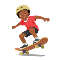 Little African boy riding skateboard wearing helmet