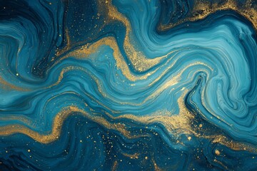 Swirling deep blue and teal abstract marble pattern with gold glitter accents background texture