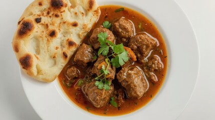 Delicious beef nihari with tender meat falling off the bone served with naan bread on a white plate garnished with fresh green herbs in a rich brown sauce