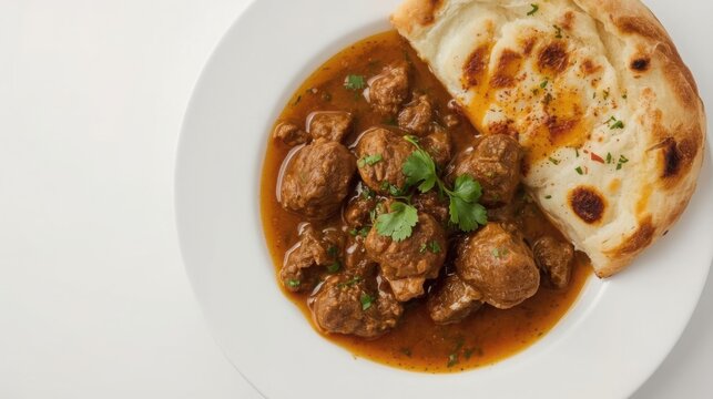 Tender beef nihari with falling off the bone meat served with naan bread on a white plate garnished with fresh herbs in a rich brown sauce with tender meat