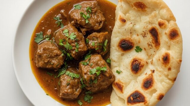 Tender beef nihari with falling off the bone meat served with naan bread on a white plate garnished with fresh herbs in a rich brown sauce with tender meat