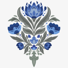 Vector decorative floral arrangement in folk art style. Geometric blue flowers with symmetrical design