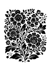 Vector monochrome folk art decorative floral card. Black silhouette of slavic tracery ornament with flowers on white background
