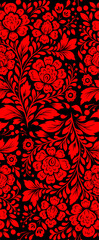 Vector decorative tracery floral pattern. Lace texture. Monochrome ornament with red flowers on black background