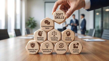 Soft skills concept in workplace, hand placing wooden hexagon blocks with icons like communication, creativity, problem-solving, leadership and adaptability in office setting