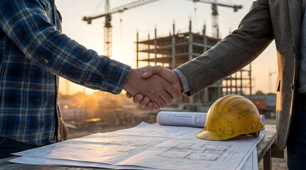 Construction business agreement, handshake between builder and contractor, building site teamwork with blueprint and hard hat, collaboration for successful development project