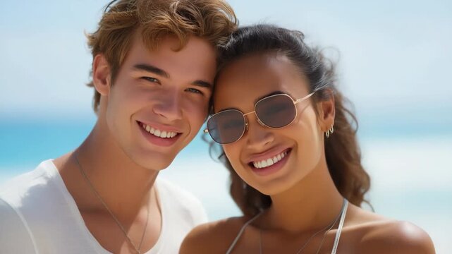 Smiling young couple at the beach on a sunny day