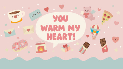 Adorable hand drawn doodle card featuring a cute speech bubble surrounded by cozy romantic elements like coffee, donuts, fireplace, and chocolate.