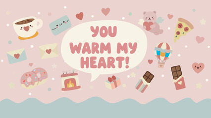 Adorable hand drawn doodle card featuring a cute speech bubble surrounded by cozy romantic elements like coffee, donuts, fireplace, and chocolate.