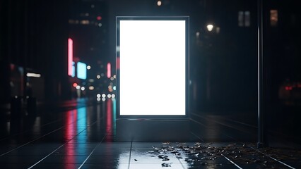 A large blank billboard stands on a dark city street at night with neon lights reflecting off the wet pavement