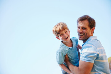 Carry, portrait and smile with father and son outdoor for bonding, connection and mockup. Happy,...