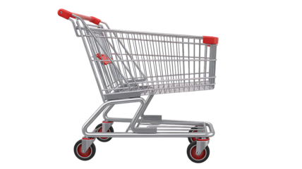 Isolated silver shopping cart with red handles against a stark black background a retail symbol