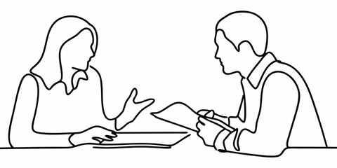 A minimalist line drawing depicts a couple in a thoughtful conversation