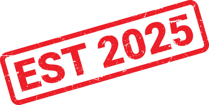 Red Rubber Stamp with Rounded Corners Displaying the Text EST 2025 on a White Background