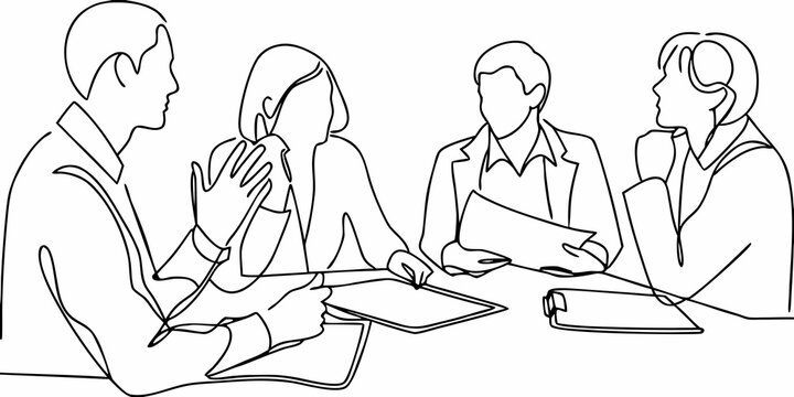 A simple line drawing depicts four people in a business meeting setting