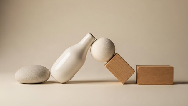 Abstract 3D Composition of Balancing Geometric Shapes, Wooden Blocks, and Ceramic Forms in Neutral Tones