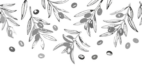 Delicate olive branch and fruit illustration against a dark background © Barsha