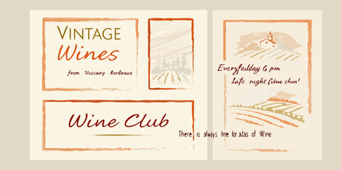Vintage wines and wine club promotional banners with rustic vineyard imagery