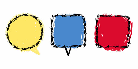 Three colorful speech bubbles with barbed wire edges a visual artistic representation