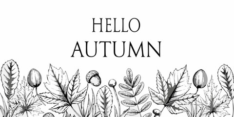 Hello autumn a decorative illustration with botanical elements and hand lettered text