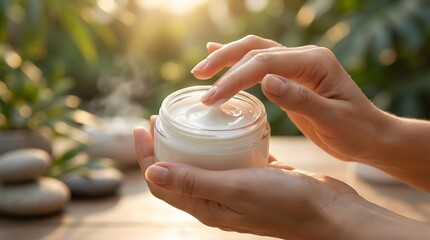 Woman applying moisturizing cream to hand in serene natural setting,skincare routine with soft sunlight,wellness and beauty self-care concept