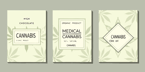 Three cannabis product labels with botanical elements and text details