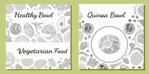 Two artistic sketches showcasing healthy vegetarian bowl options with avocado and quinoa