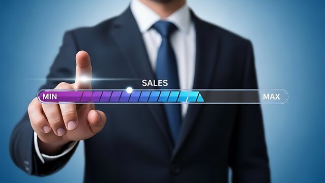 Man in suit adjusting sales progress bar on digital interface - Powered by Adobe