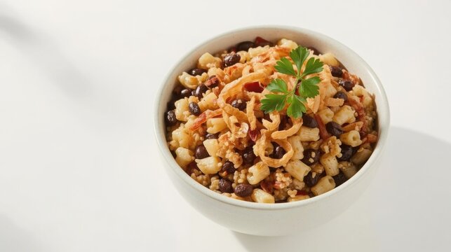 Lucid realism of a vibrant egyptian koshari bowl filled with macaroni rice lentils and chickpeas topped with crispy fried onions and fresh parsley garnish