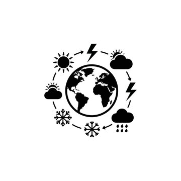 Vector silhouette icon of a globe with weather symbols around it, solid black fill, minimal flat style, World Meteorological Day concept