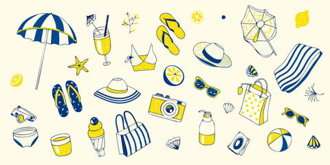 A colorful summer scene with beach essentials and refreshing drinks depicted