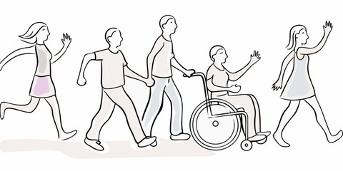 A group of people including a wheelchair user are shown moving forward