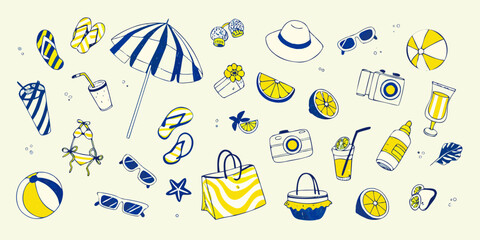 A colorful summer scene featuring beach essentials and bright yellow accents