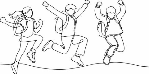 Joyful students jumping with backpacks a continuous line drawing illustration