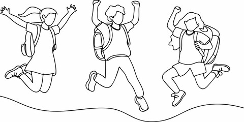 Joyful children jumping with backpacks a simple line art illustration