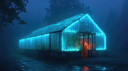Neon-lit abandoned greenhouses overgrown with wild plants, glowing glass structures, surreal botanical decay, illuminated forgotten nature, glowing plant invasion
