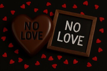 No love message on heart chocolate and chalkboard surrounded by tiny red hearts
